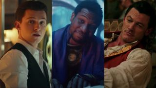 Tom Holland in Uncharted, Jonathan Majors in Loki, and Luke Evans in Beauty and the Beast, pictured side by side.