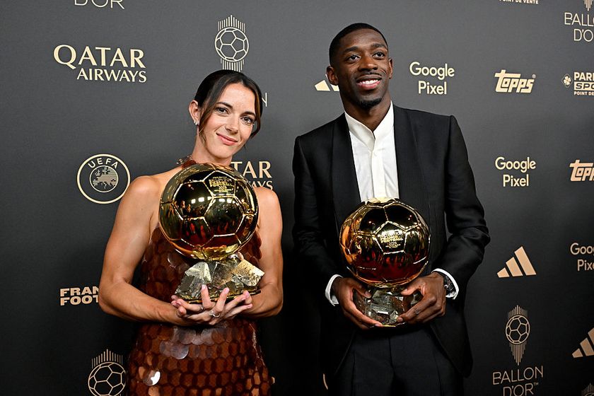Aitana Bonmati and Ousmane Dembele pose for a photo with the Women&#039;s Ballon d&#039;Or and Men’s Ballon d’Or trophies during the 69th Ballon D&#039;Or Ceremony at Theatre Du Chatelet on September 22, 2025 in Paris, France.