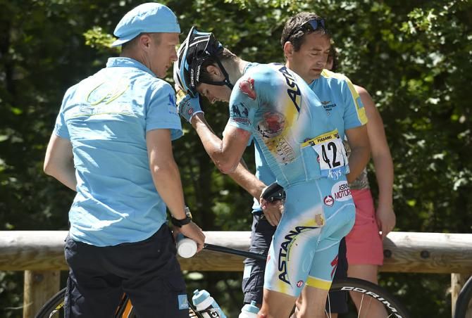 Jakob Fuglsang (Astana) dusts himself off after a crash