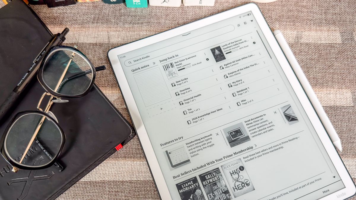 3rd generation Kindle Scribe homescreen with Quick Note and Recently Opened items