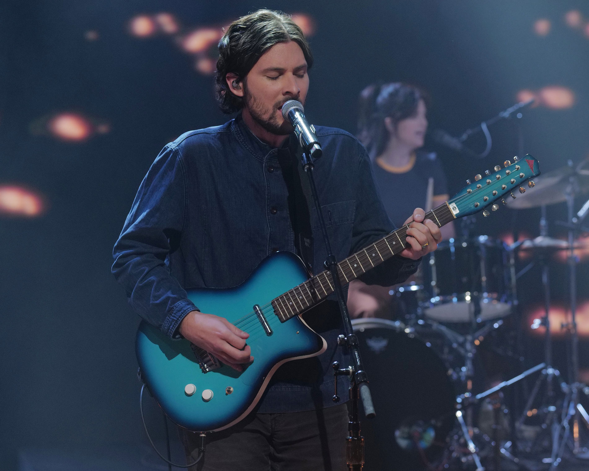 Mitch Rowland playing his 12-string electric guitar onstage at Jimmy Kimmel Live! on 21 November, 2023