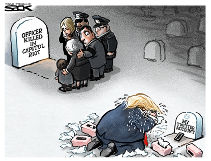 Political Cartoon U.S. Trump Capitol riot police officer twitter ban
