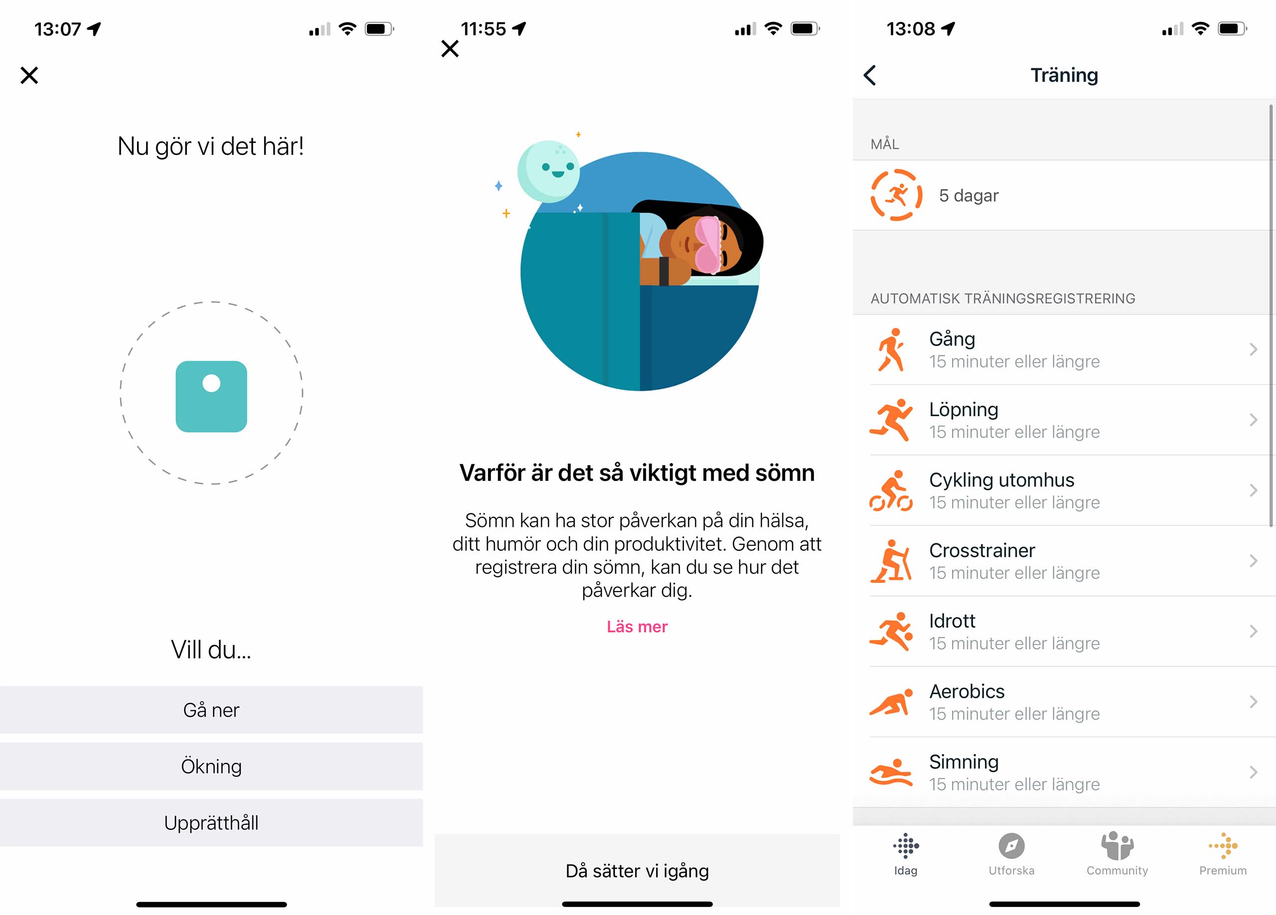 Skärmdumpar från Fitbit-appen som visar hur man sätter olika mål i appen.