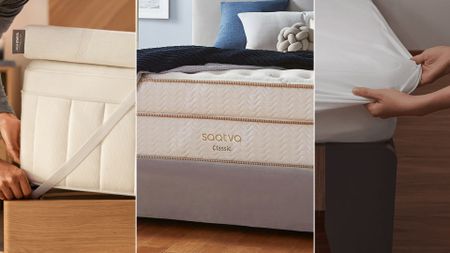 A composite image of the Tempur-Adapt mattress topper, Saaatva Classic mattress and Coop Sleep Goods Ultra Tech Waterproof mattress protector