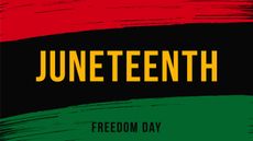 Juneteenth written in yellow letters with Black Liberation African American red, black and green colors in background