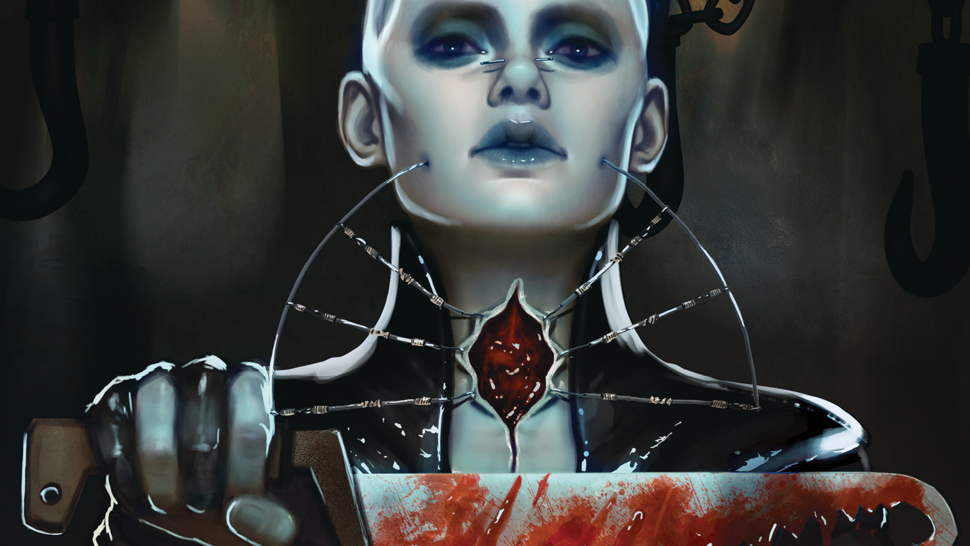 The Female Cenobite (also known as Mother Superior, or The Fallen) - who is pale, clothed in leather, and has ripped open throat - holds out a bloodied, jagged knife that has a curve on the end