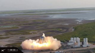 SpaceX's Starhopper test vehicle attempts its first untethered test hop on July 24, 2019 at the company's Boca Chica, Texas test site. The vehicle did not lift off as planned..