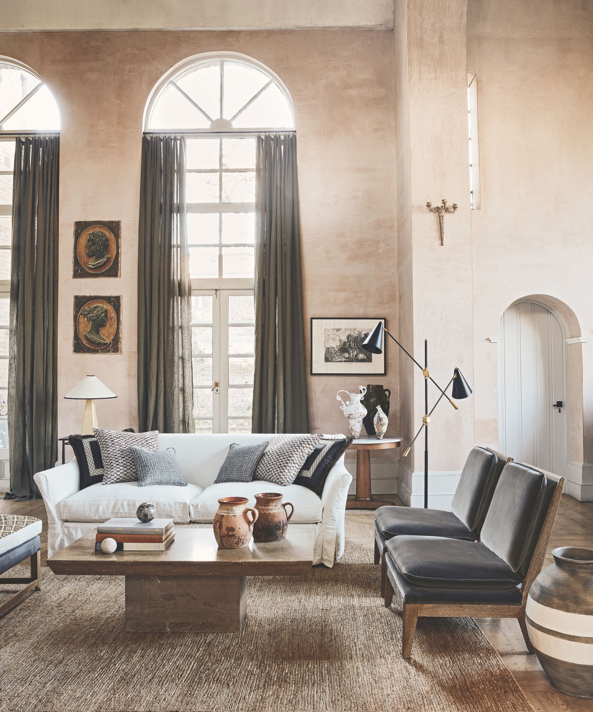 Neutral living room with arched windows