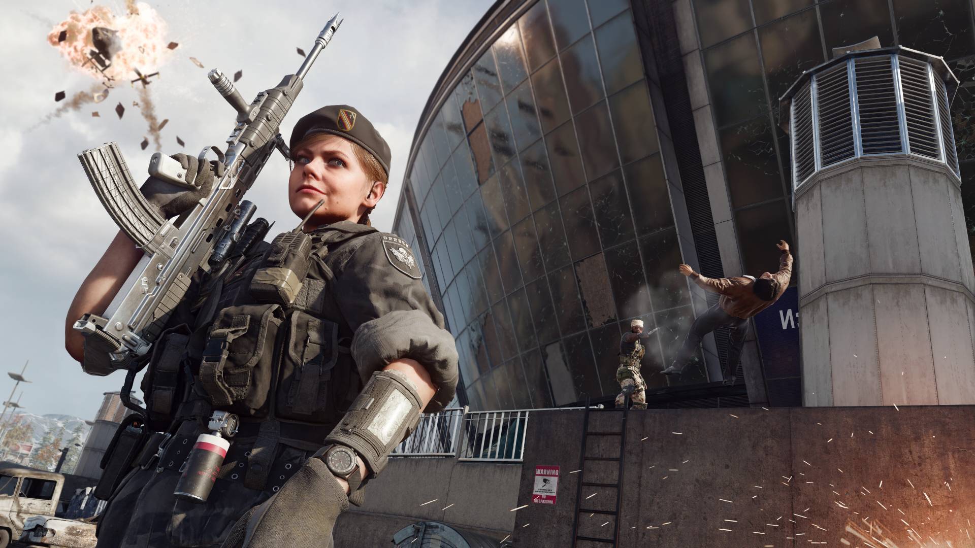 A screenshot of a woman holding a gun in Call of Duty: Warzone.