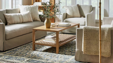 a living room with a beige couch, a beige accent chair, a wood rectangular coffee table with a flower vase on top, and a blue Persian-inspired rug on the floor