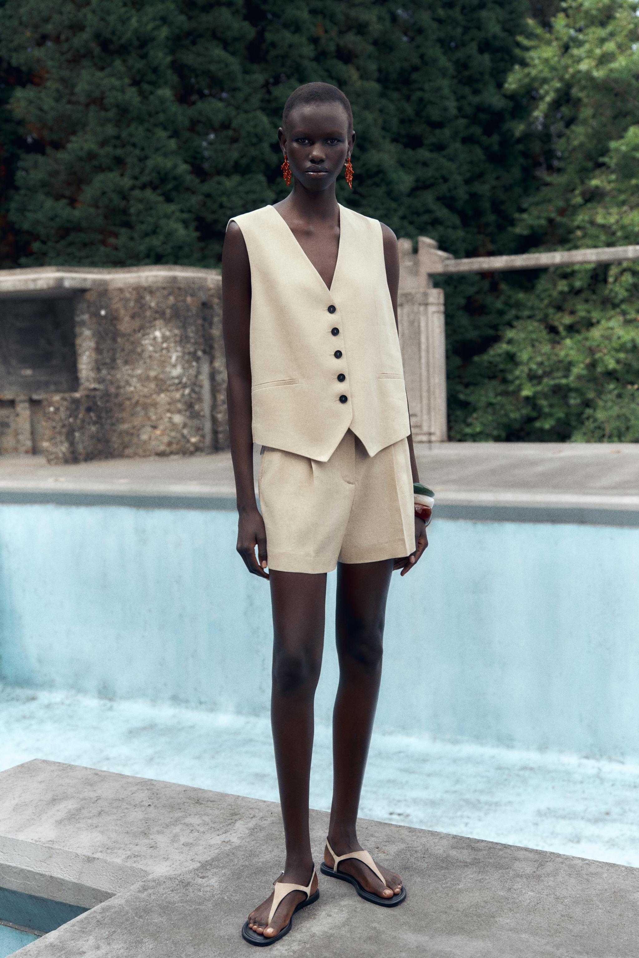 High-Waist Linen Blend Bermuda Shorts