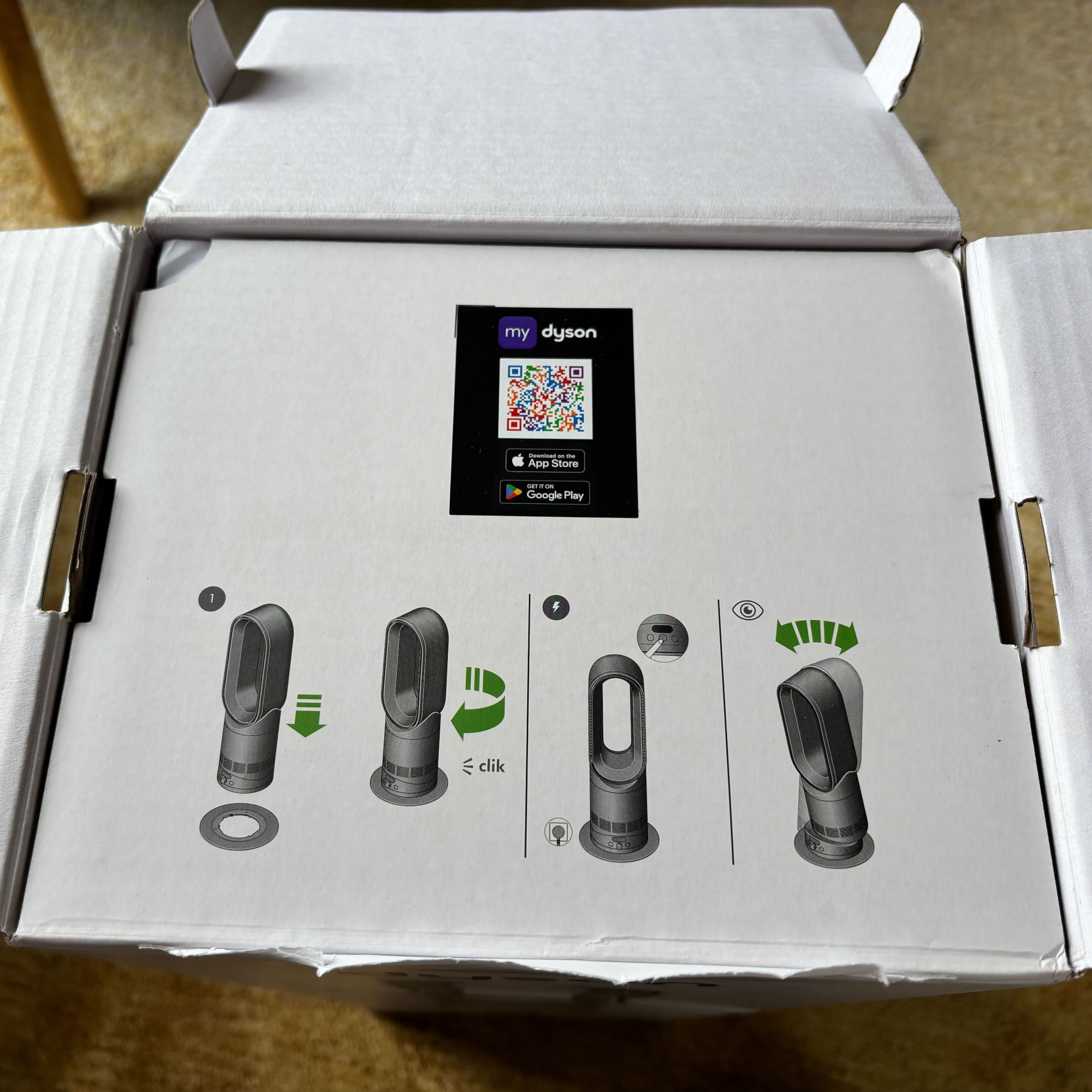 dyson hotcool pre heat heater and cooling fan box lid open