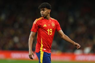 Lamine Yamal of Spain looks on during the international friendly match against Brazil at the Santiago Bernabeu in Madrid, March 2024.