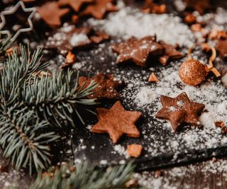 Fresh christmas cookies drenched in icing sugar besides a sprig of spruce