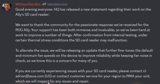 Asus ROG Ally comments made on Discord