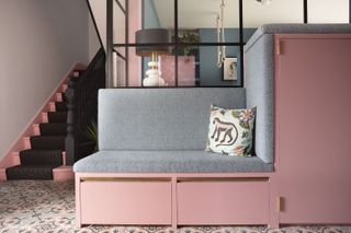 hallway shoe storage ideas with pink banquette and grey cushioned seating