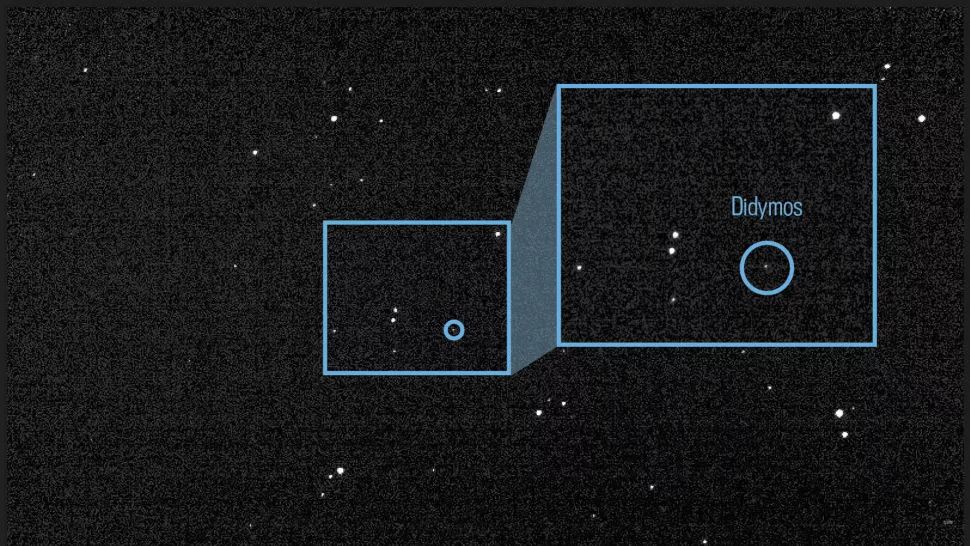 The asteroid Didymos and its moonlet Dimorphos are shown in a composite image taken by DART&#039;s DRACO instrument on July 27, 2022.