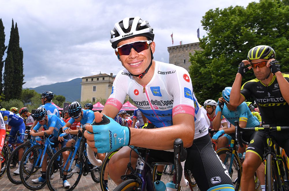 Miguel Angel Lopez (Astana), best young rider, at the start of stage 17