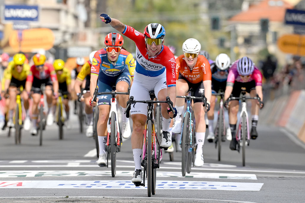 SANREMO, ITALY - MARCH 21: Lorena Wiebes of Netherlands and Team SD Worx - Protime celebrates the victory of her teammate Lotte Kopecky of Belgium during the 8th Milano-Sanremo Donne 2026, Women's Elite a 156km one day race from Genova to Sanremo / #UCIWWT / on March 21, 2026 in Sanremo, Italy. (Photo by Tim de Waele/Getty Images)