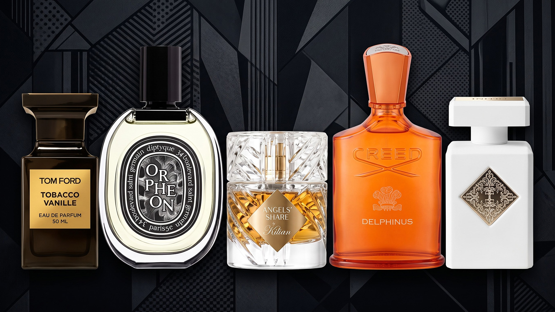 A selection of perfume bottles on a dark background.