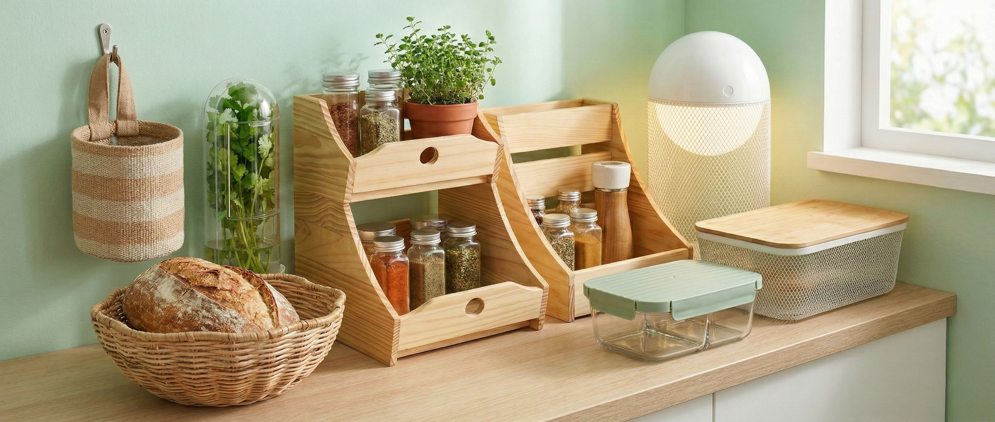 Kitchen counter with various storage boxes and containers, and a white lamp