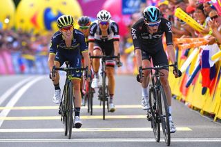 Wout Poels (Sky) beats Adam Yates to the win.