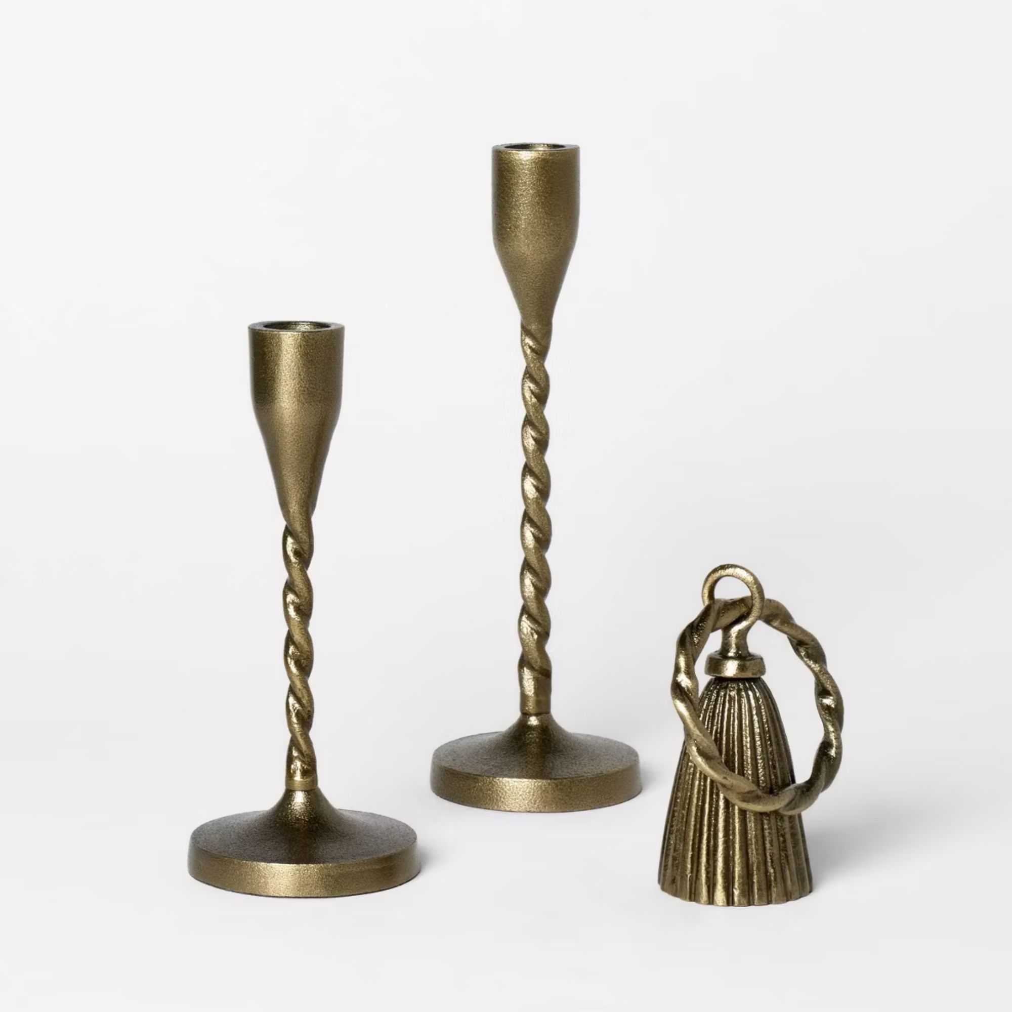 3pc Metal Taper Candle Holders and Candle Snuffer Set Gold