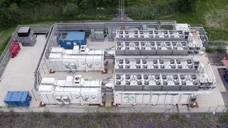 A birds-eye view of the hydrogen fuel system displaying the shipping containers with the equipment