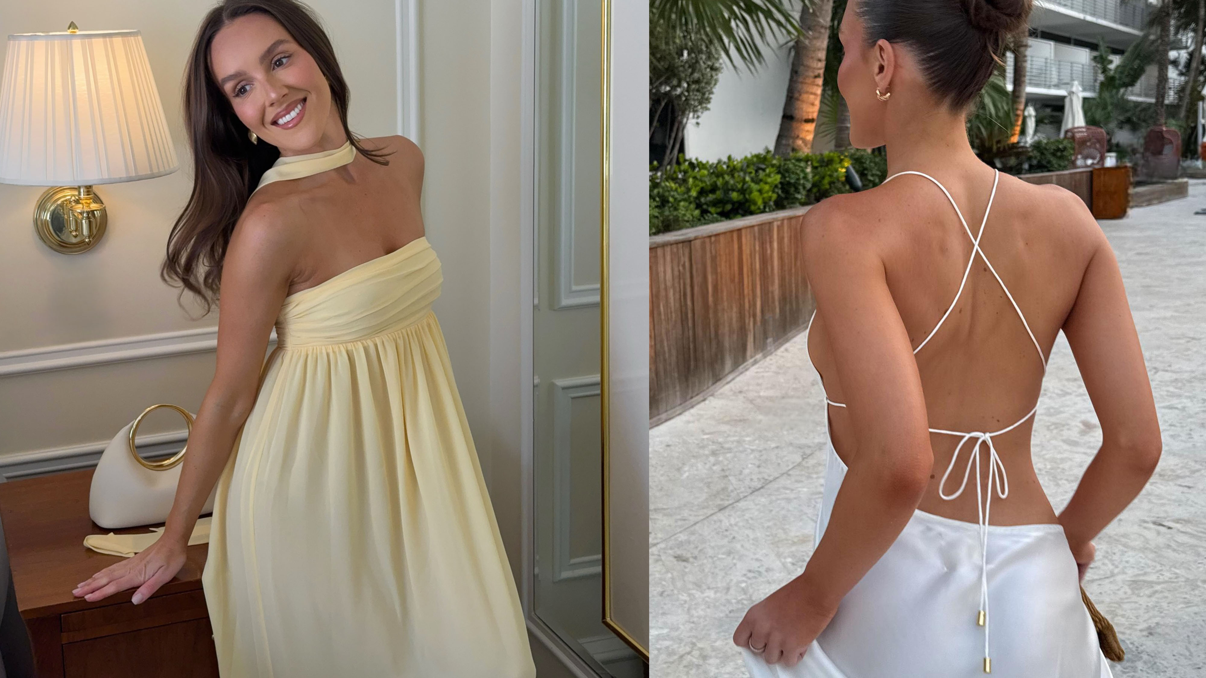 Collage of woman in yellow dress and woman in white dress.