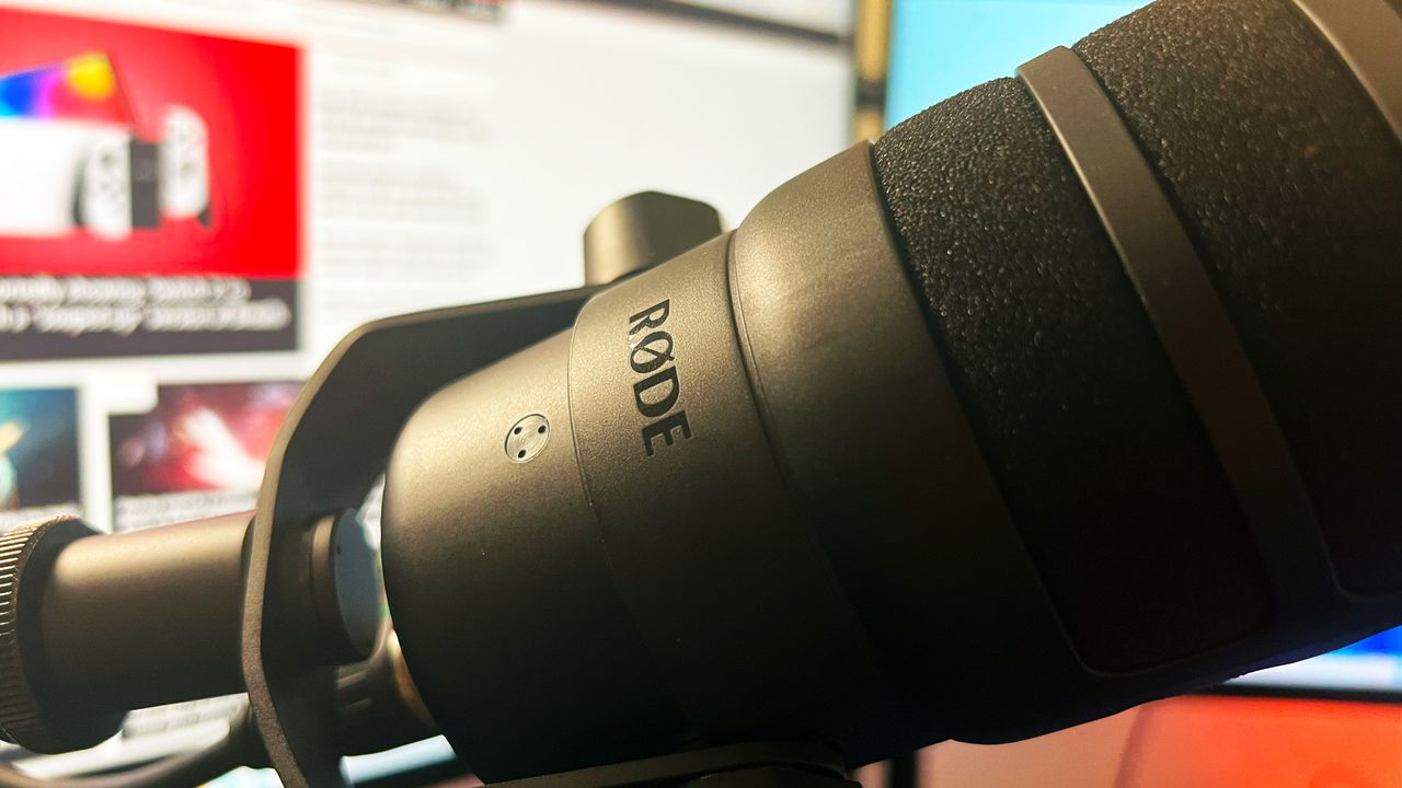 RODE PodMic USB's branding on the microphone's front