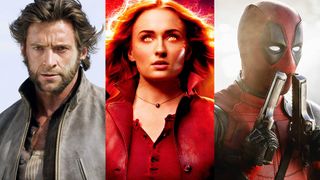 Hugh Jackman as Wolverine, Sophie Turner as Jean Grey, and Ryan Reynolds as Deadpool