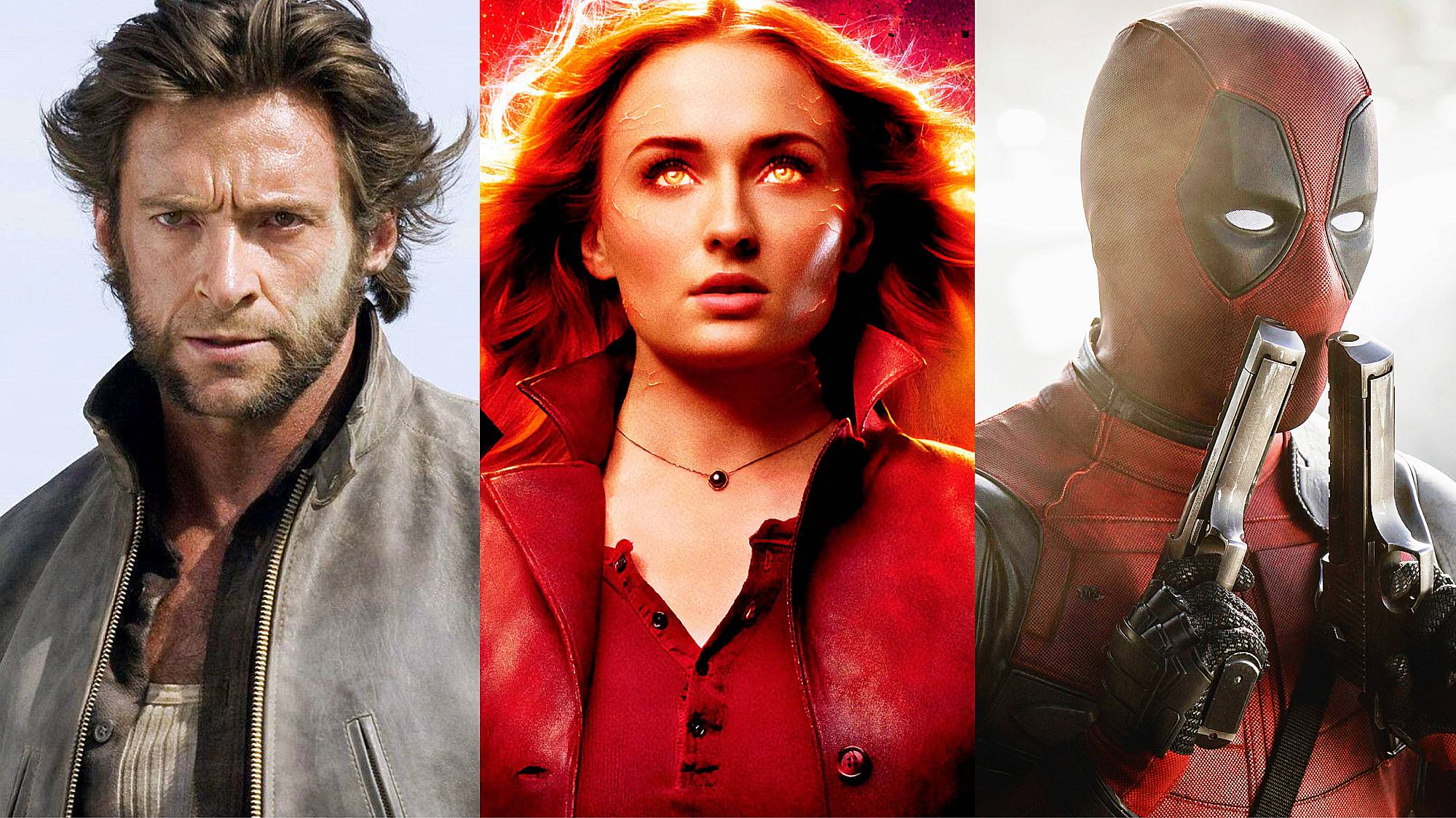 Hugh Jackman as Wolverine, Sophie Turner as Jean Grey, and Ryan Reynolds as Deadpool