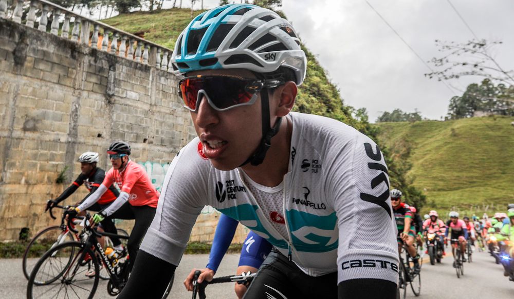 Colombian cyclist Egan Bernal rides during the Giro de Rigo in Guatape