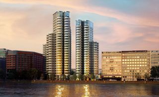 The Corniche view at sun set of curved modern towers