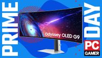 A Samsung Odyssey G93SC gaming monitor on a custom PC Gamer Prime Day background.