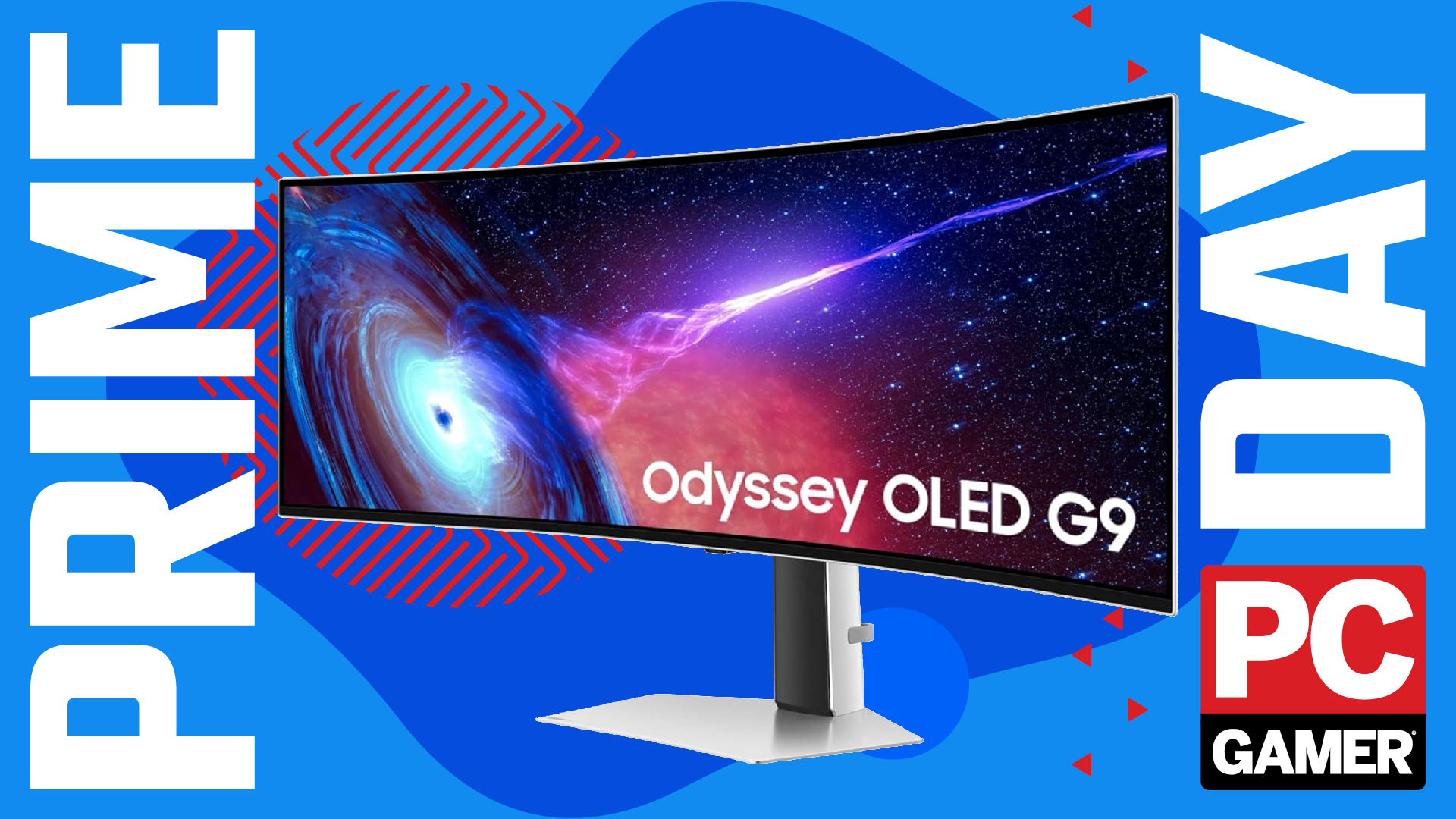 A Samsung Odyssey G93SC gaming monitor on a custom PC Gamer Prime Day background.