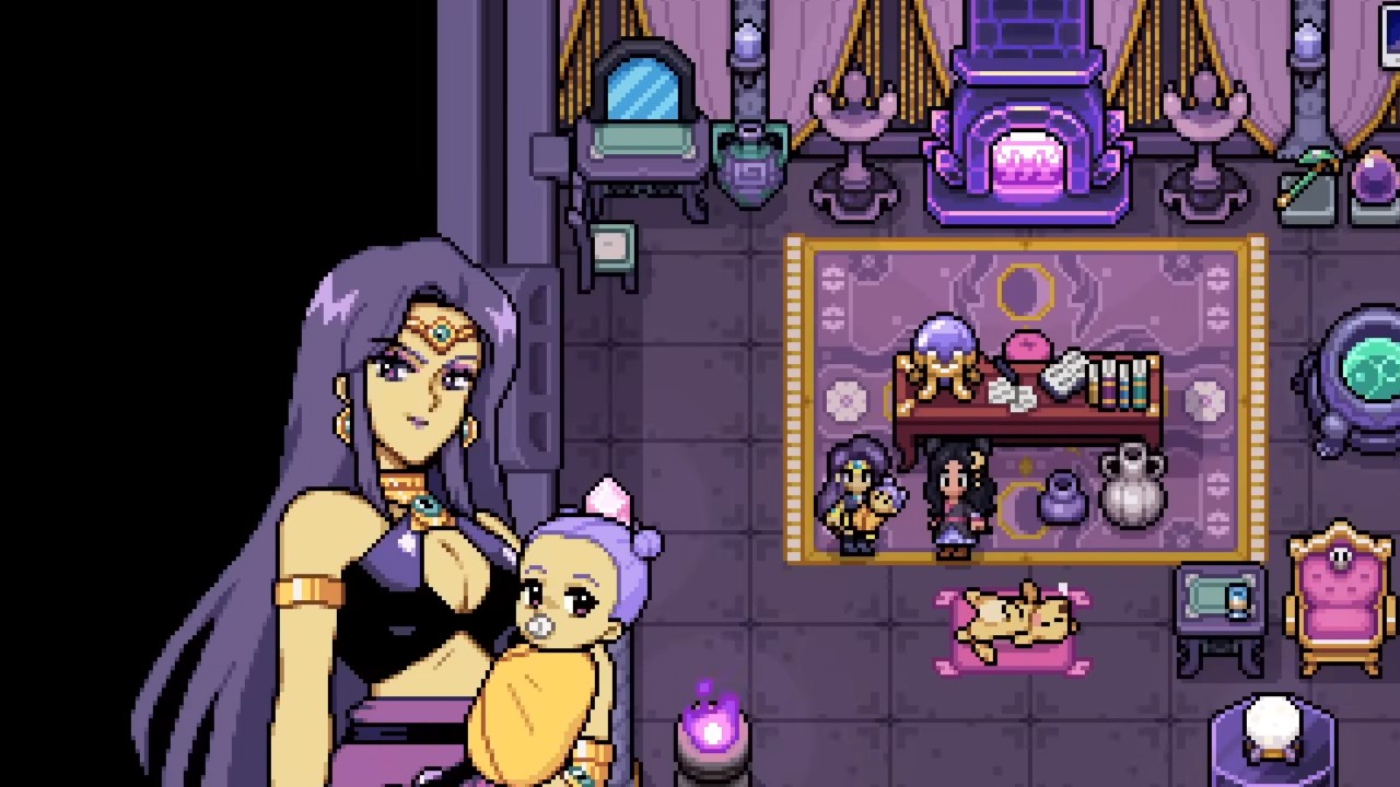 Fields of Mistria - Juniper holds a purple haired infant Rune in her arms while talking to her spouse