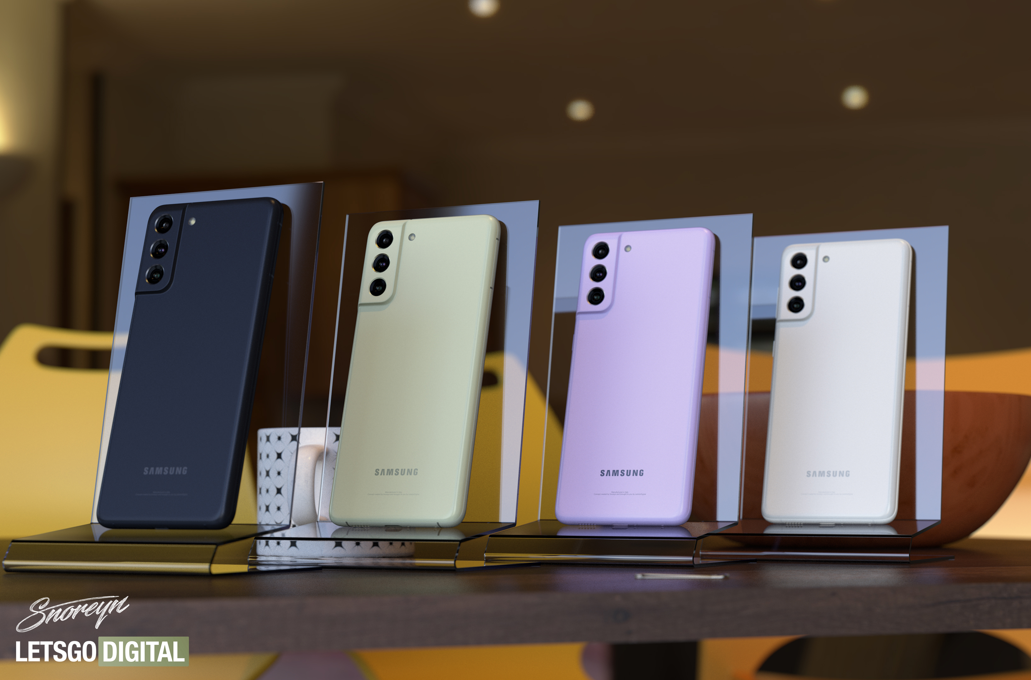 An unofficial render of four Samsung Galaxy S21 FE devices in the four available colors: black, light green, light purple and grey