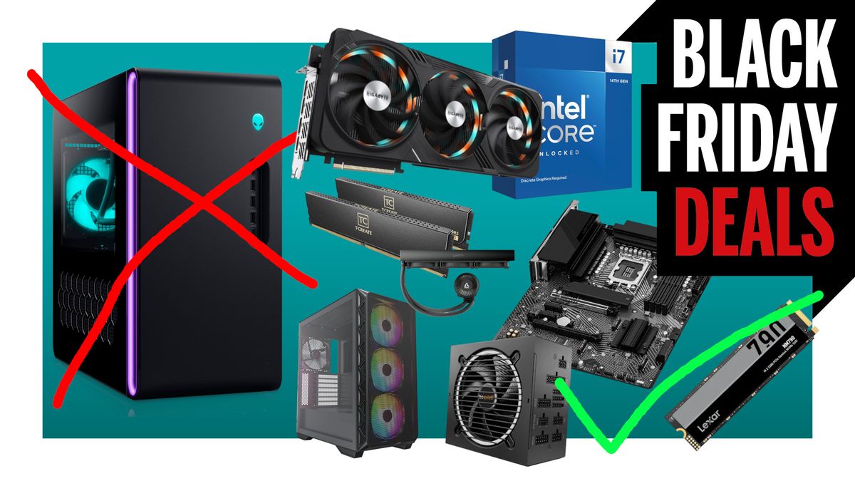 A collection of PC hardware components and an Alienware gaming PC against a teal background with a white border, and a Black Friday Deals logo