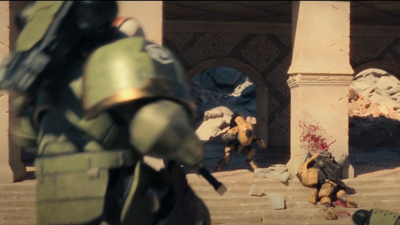 A green armored space marine fighting an orange armored alien in a sandstone courtyard.