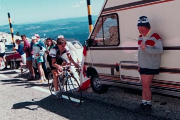 Robert Millar (Panasonic) climbs Le Mont Ventoux in the 1987 Tour de France.