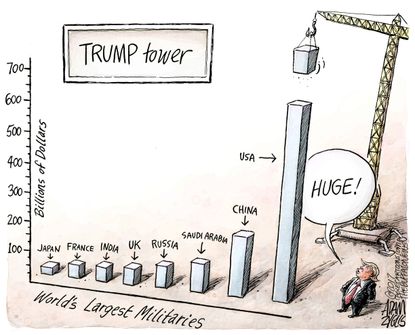 Political Cartoon U.S. Trump tower world's largest military spending huge