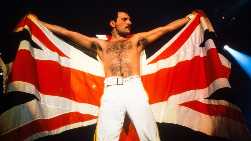 Freddie Mercury holding a Union Jack flag