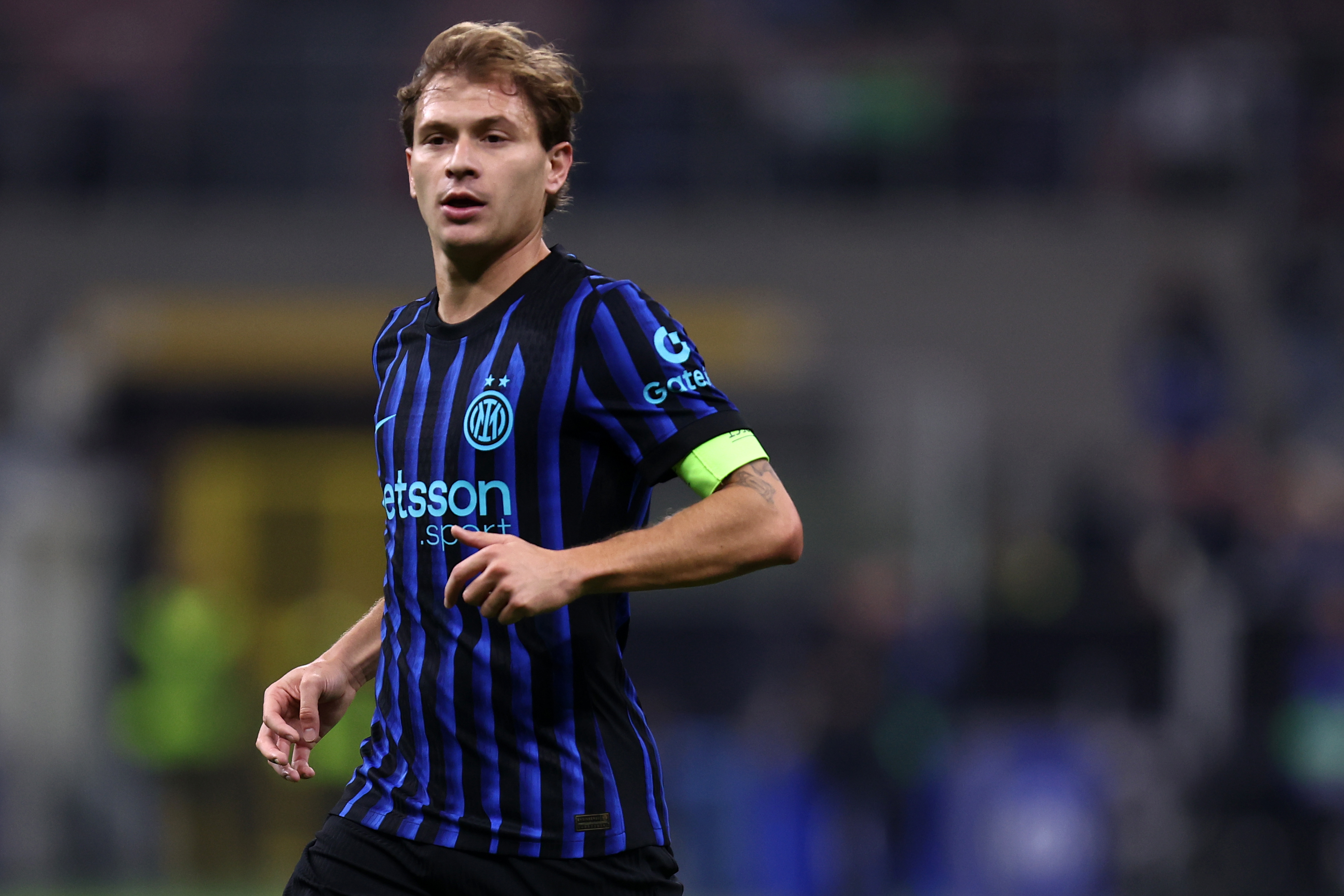 Nicolo Barella of Fc Internazionale looks on during the UEFA Champions League 2025/26 League Phase MD2 match between FC Internazionale Milano and SK Slavia Praha at Stadio San Siro on September 30, 2025 in Milan, Italy.
