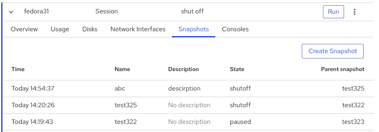 KVM snapshots screen