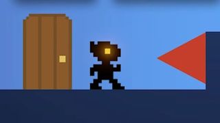 Black pixel art Jono avatar next to a wood door and red spike