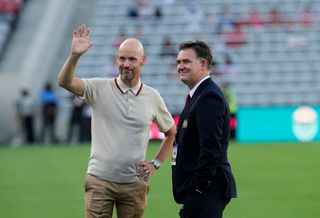 Manchester United manager Erik ten Hag and Manchester United Football Director John Murtough during the pre-season friendly match between Manchester United and Wrexham at Snapdragon Stadium on July 25, 2023 in San Diego, California. (Photo by Kevork Djansezian/Manchester United via Getty Images)