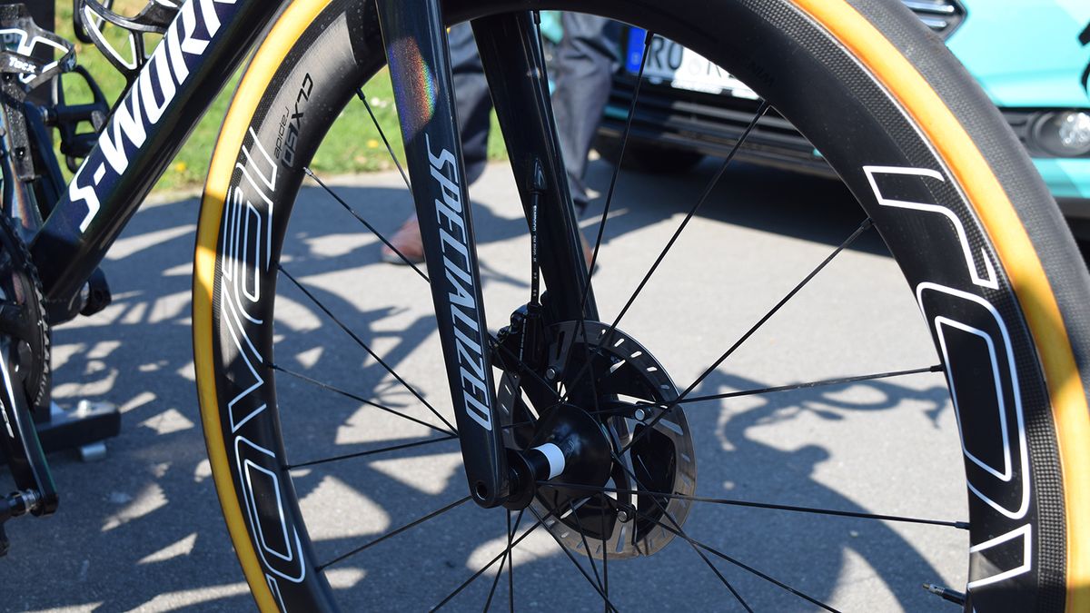 Specialized's pro-issue equipment features high contrast white decals for extra brand exposure while racing