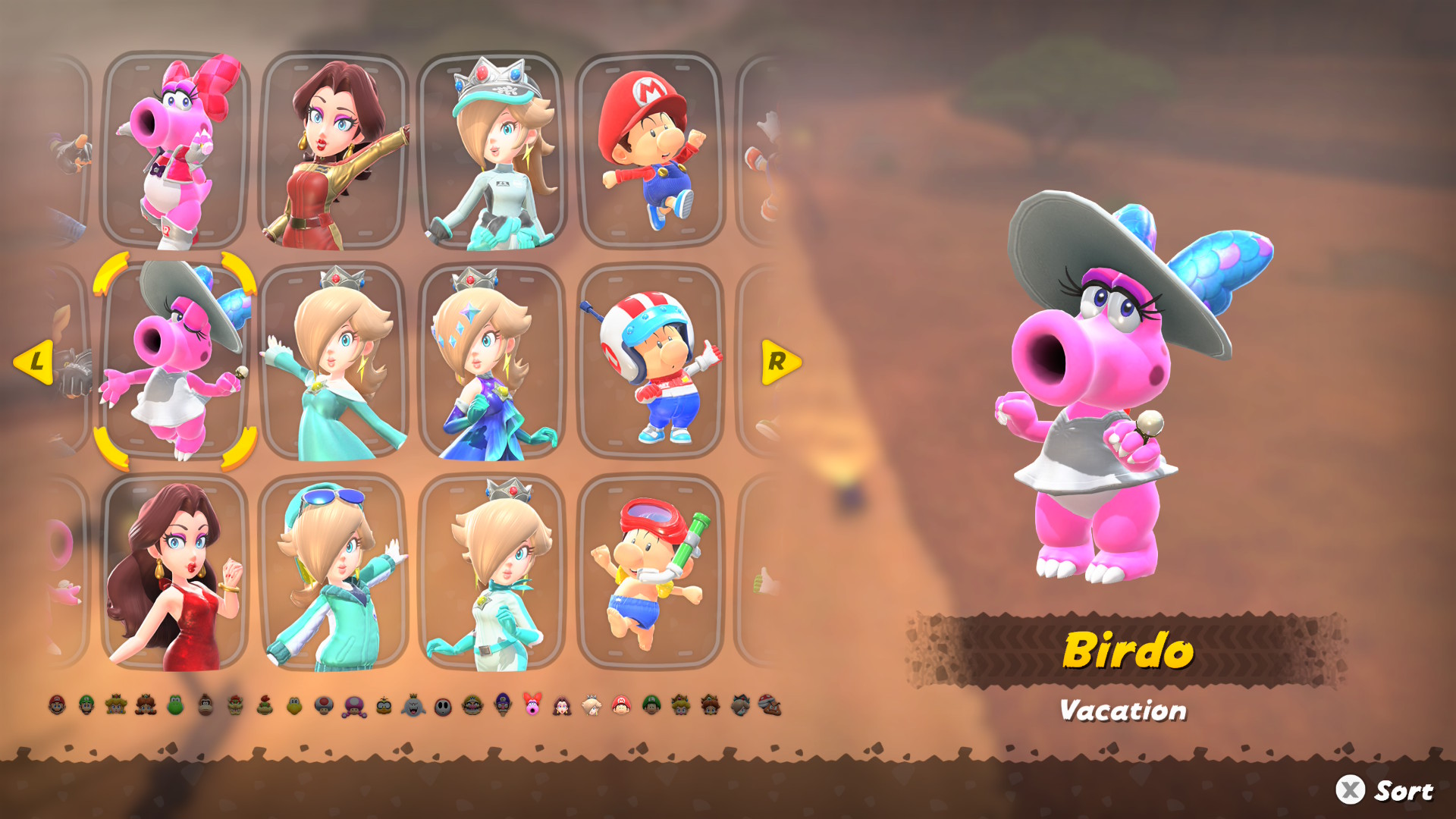 Mario Kart World Birdo outfits including Vacation