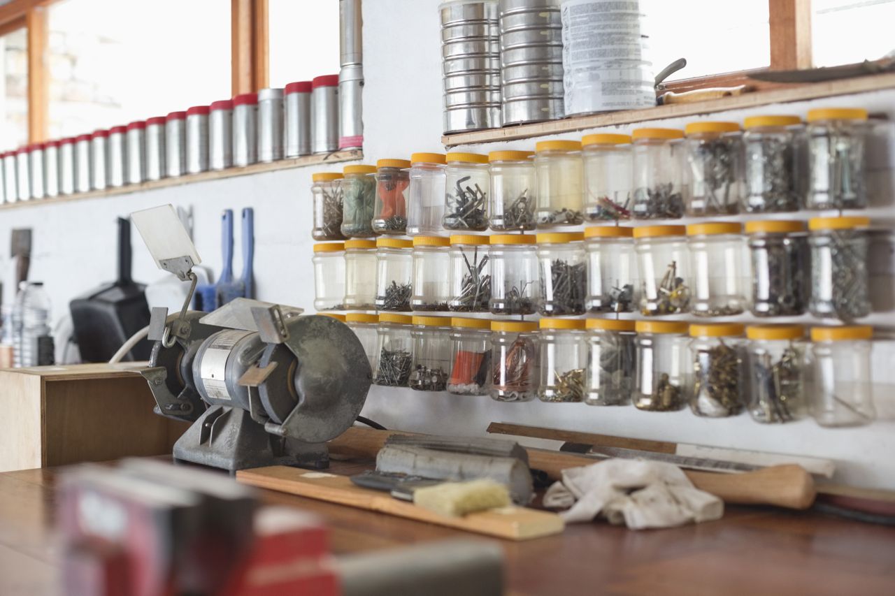 Storage jars used in a garage work space